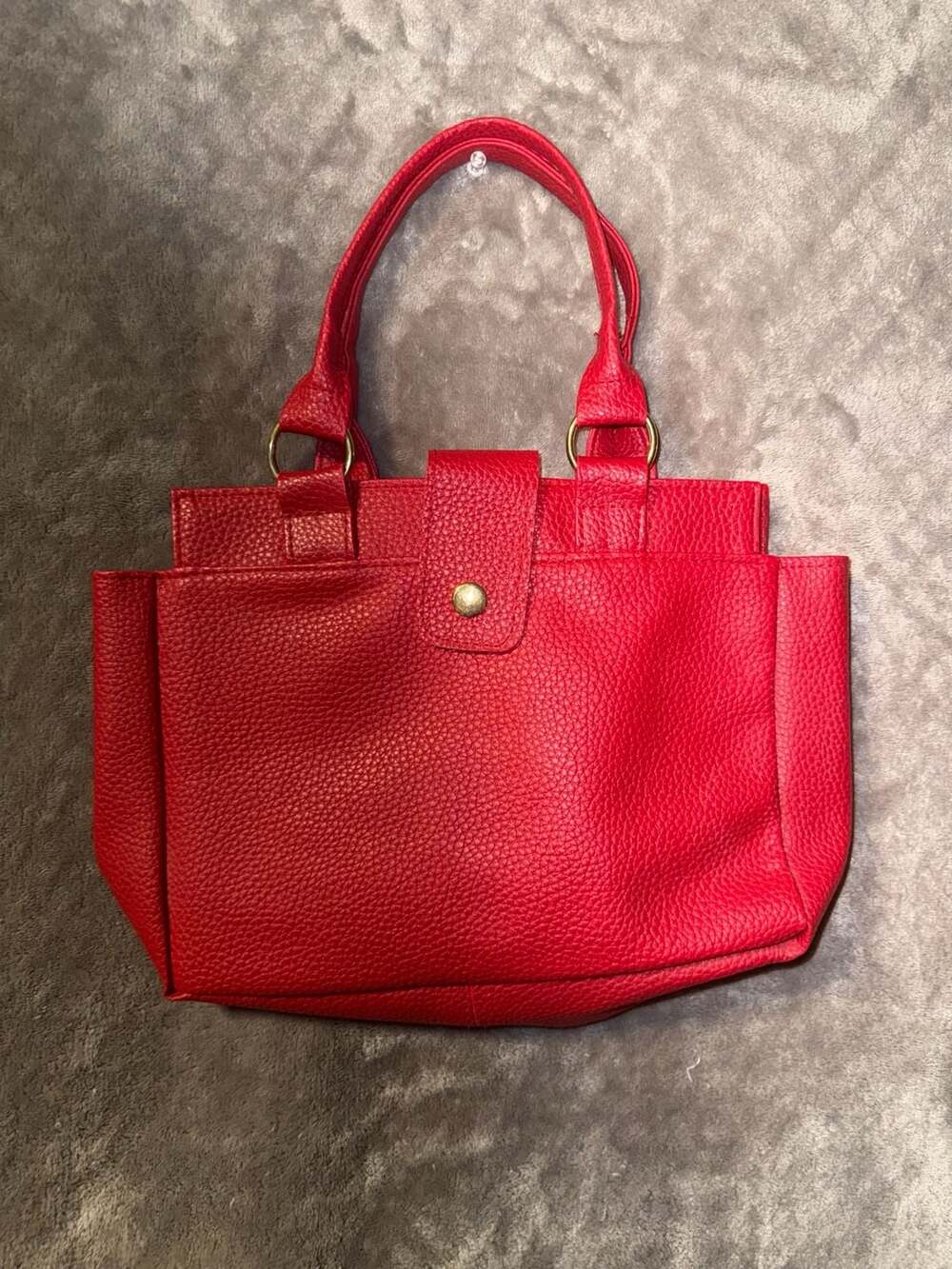 Red Faux Leather Small Tote Handbag with Snap Closure